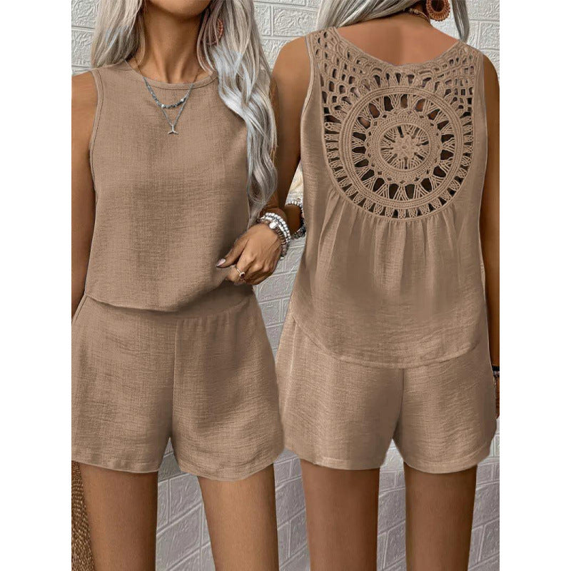 Ladies backless short jumpsuit with crochet detail Lune London