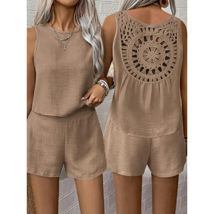 Ladies backless short jumpsuit with crochet detail Lune London