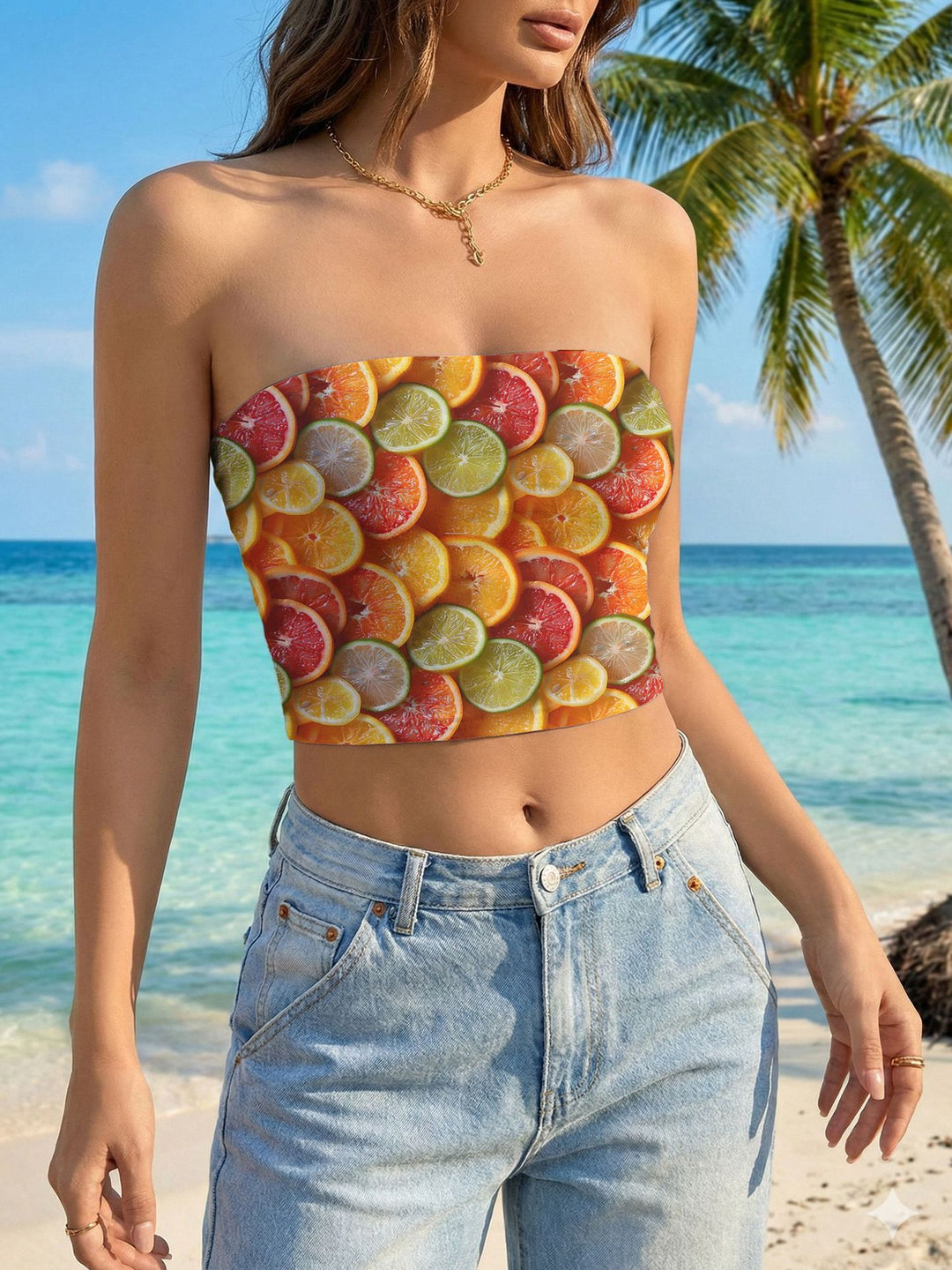 Women's bandeau top with floral bird motif and elastic fit Lune London