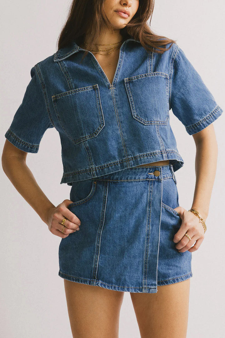 Women's Casual Denim Short Jacket Set with Matching Skirt Lune London