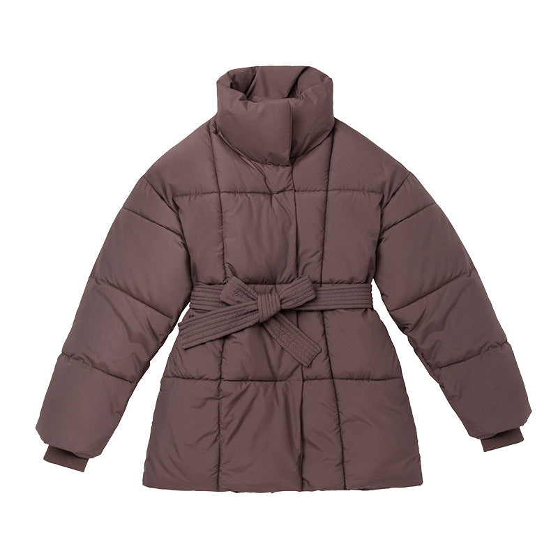 Ladies comfortable and elegant down jacket with belt and high collar Lune London