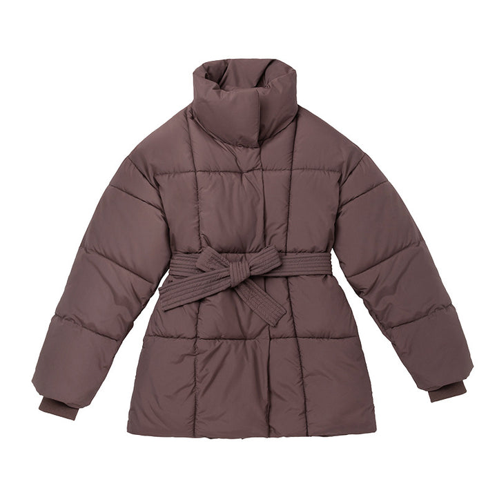 Ladies comfortable and elegant down jacket with belt and high collar Lune London