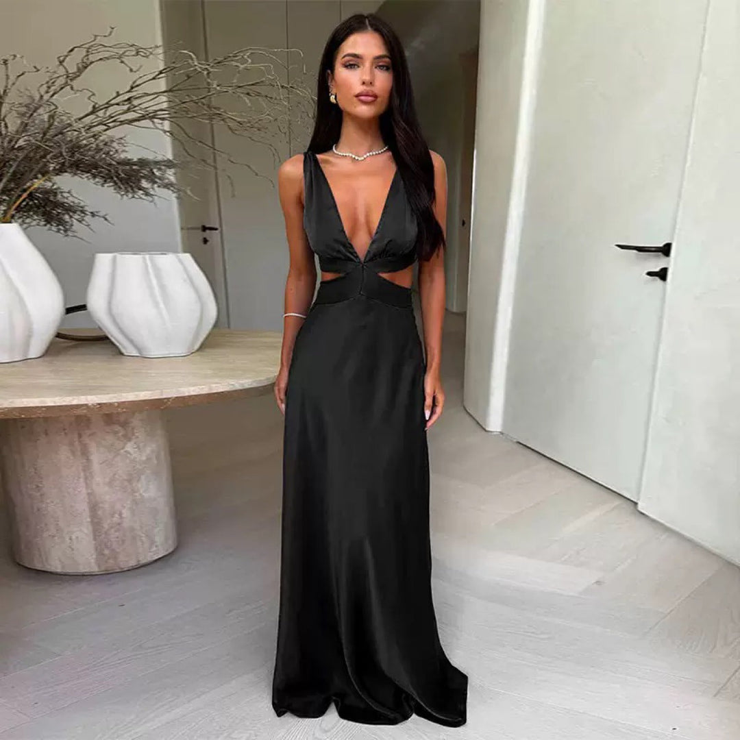 Women’s evening dress with deep V-neck and sophisticated cut-out details Lune London