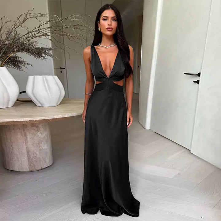 Women’s evening dress with deep V-neck and sophisticated cut-out details Lune London