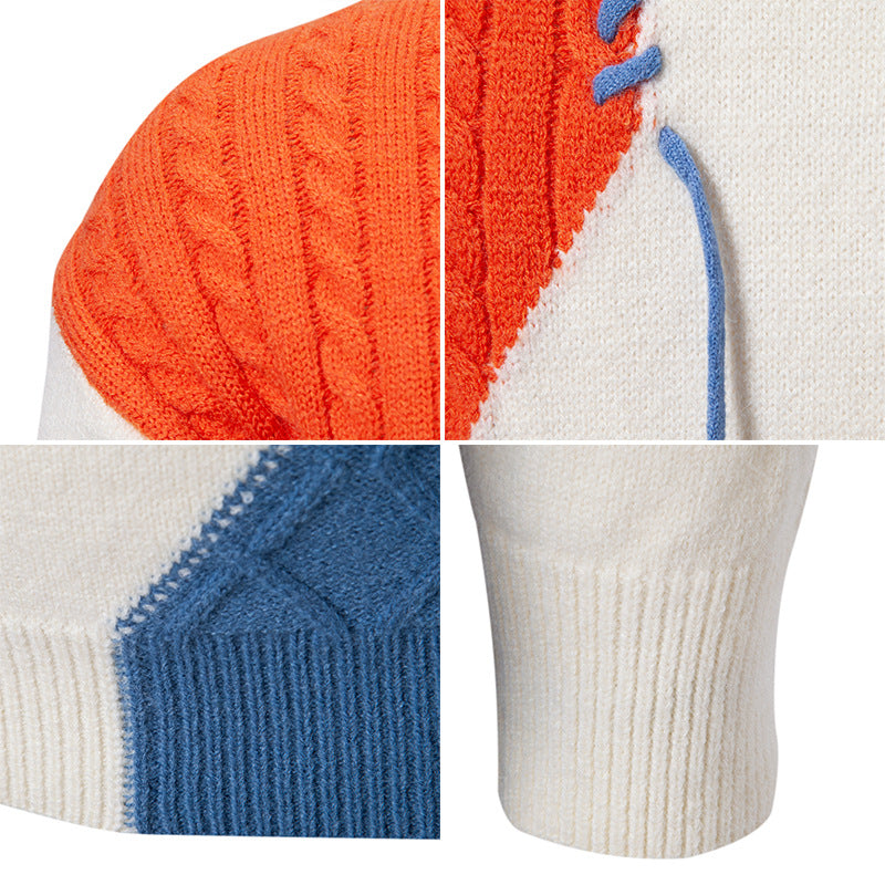 Trendy knitted sweater for men with a creative design in cable knit and color blocking Lune London