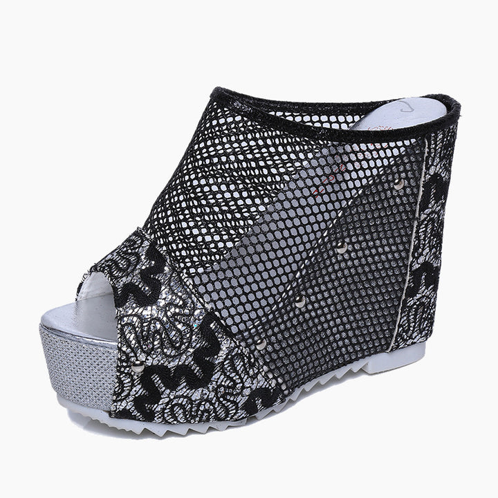 Wedge sandals for women with an elegant mesh design and sparkling appliqués Lune London