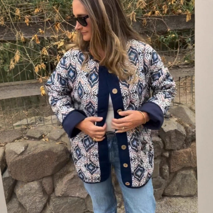 Trendy women's bomber jacket in ethnic chic style