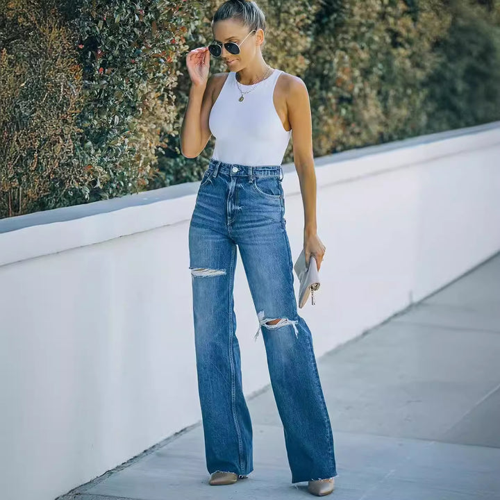 High-waisted wide jeans for women with ripped details Lune London