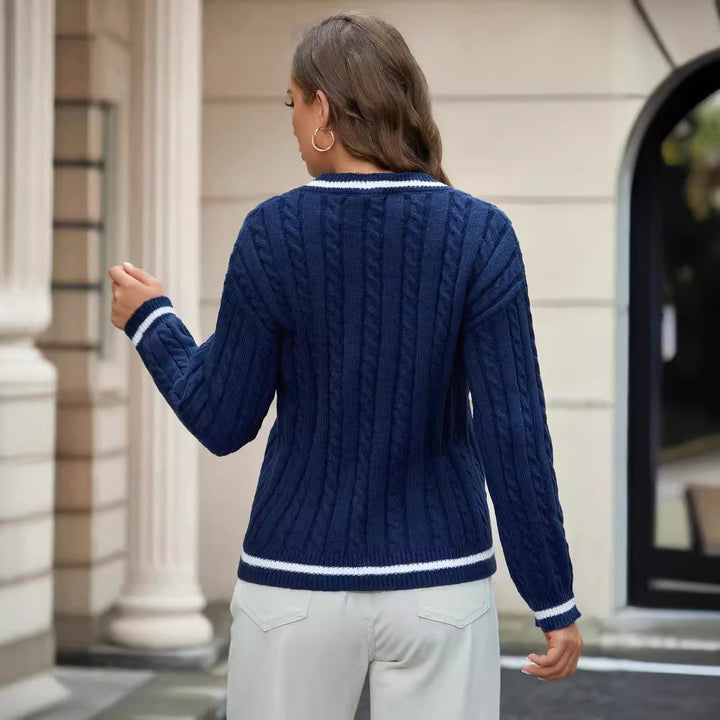 Knit sweater for women with V-neck and cable pattern Lune London