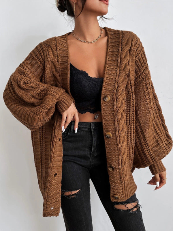 Ladies chunky knit cardigan with wide sleeves and button details Lune London