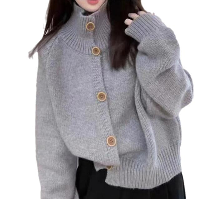 Comfortable cardigan for women with high collar and decorative buttons Lune London