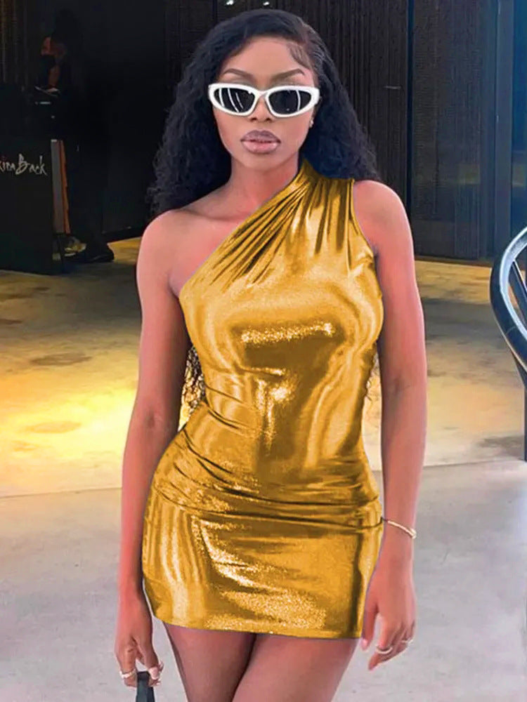 Metallic Bodycon Dress with One Shoulder Women Lune London