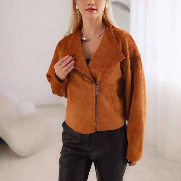 Trendy Brand Leather Jacket for Women with Open Collar and Practical Side Pockets Lune London