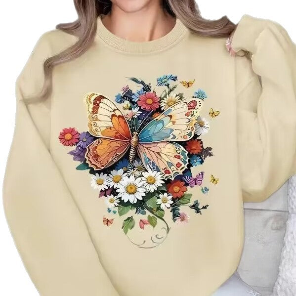 Sweatshirt à longues manches pour femmes avec imprimé floral de papillon Chic & Stil