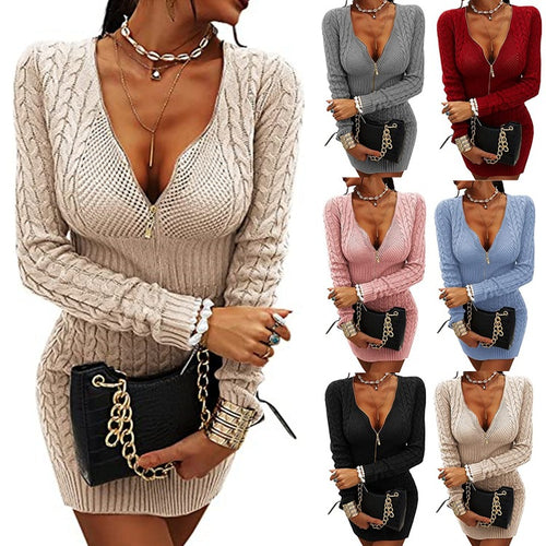 Knit dress for women with deep V-neck and elegant zipper Lune London