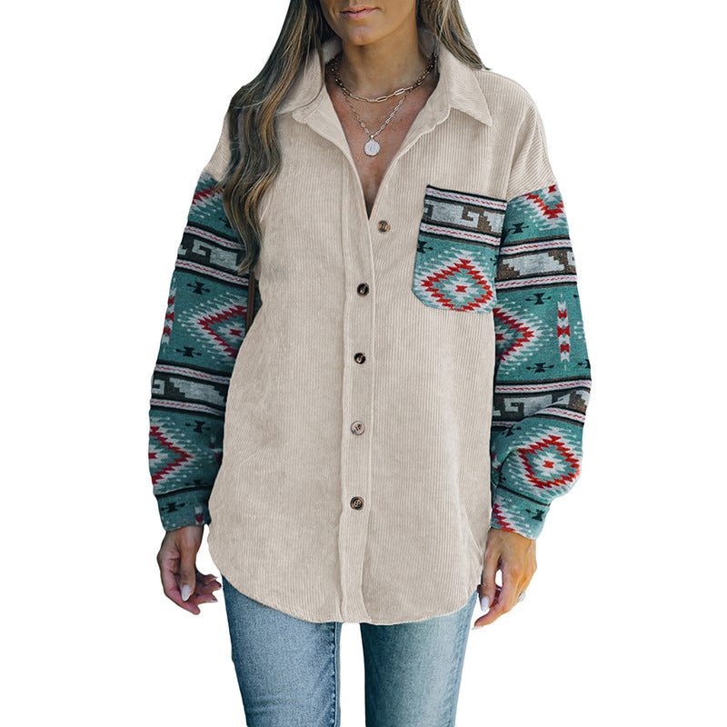 Casual women's shirt with a trendy ruffled design and colorful sleeves Lune London