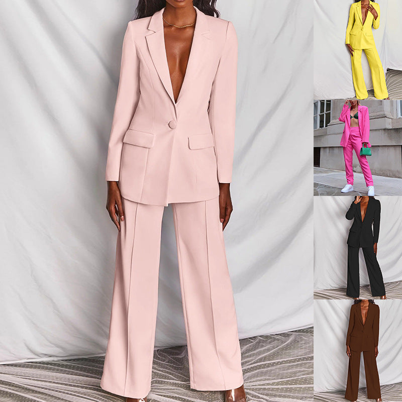 Elegant blazer set for women with plunging V-neck and wide-leg pants Lune London