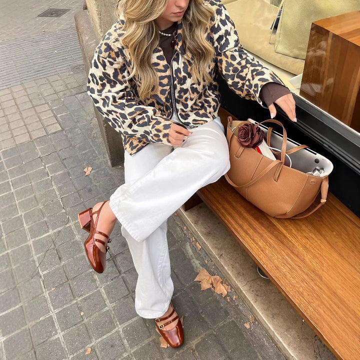Cropped jacket for women in leopard print with snap buttons Lune London