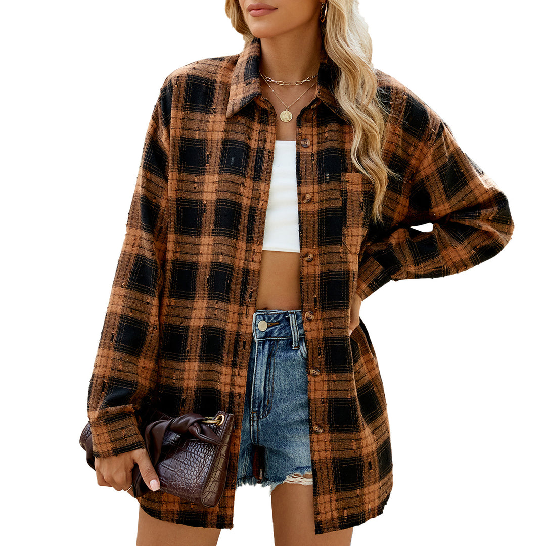 Ladies Flannel Check Shirt with Relaxed Fit and Wooden Details Lune London