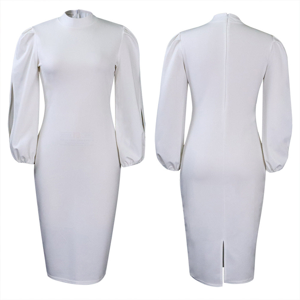 Ladies Elegant Bodycon Dress with Puff Sleeves and High Neck Lune London
