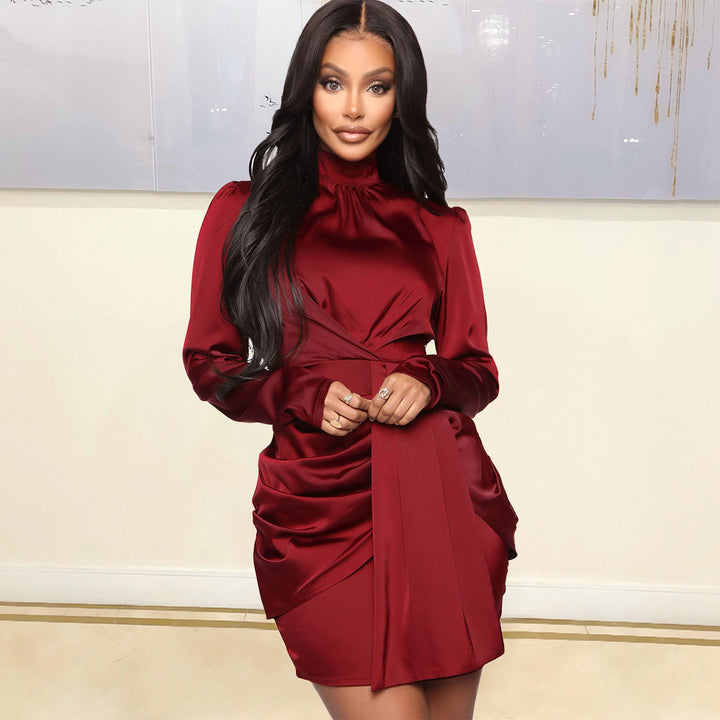 Lune London Elegant long sleeve satin mini dress with ruffles for women