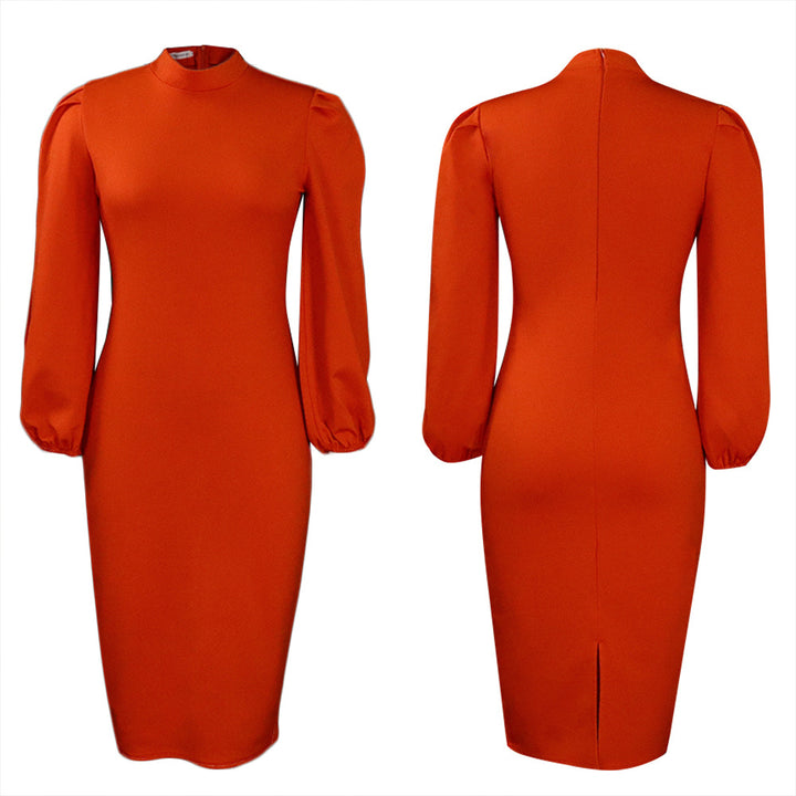 Ladies Elegant Bodycon Dress with Puff Sleeves and High Neck Lune London