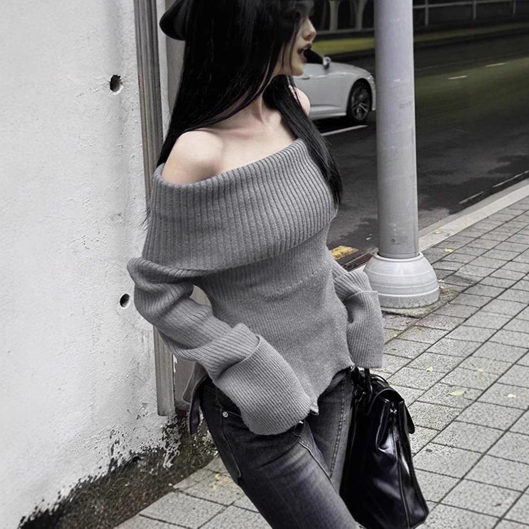 Women Knit Off-Shoulder Top with Longer Sleeves and Fine Ribbed Details Lune London