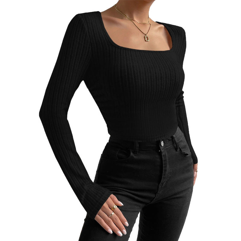 Ladies Long Sleeve Top with Ribbed Design and Rectangle Neckline Lune London
