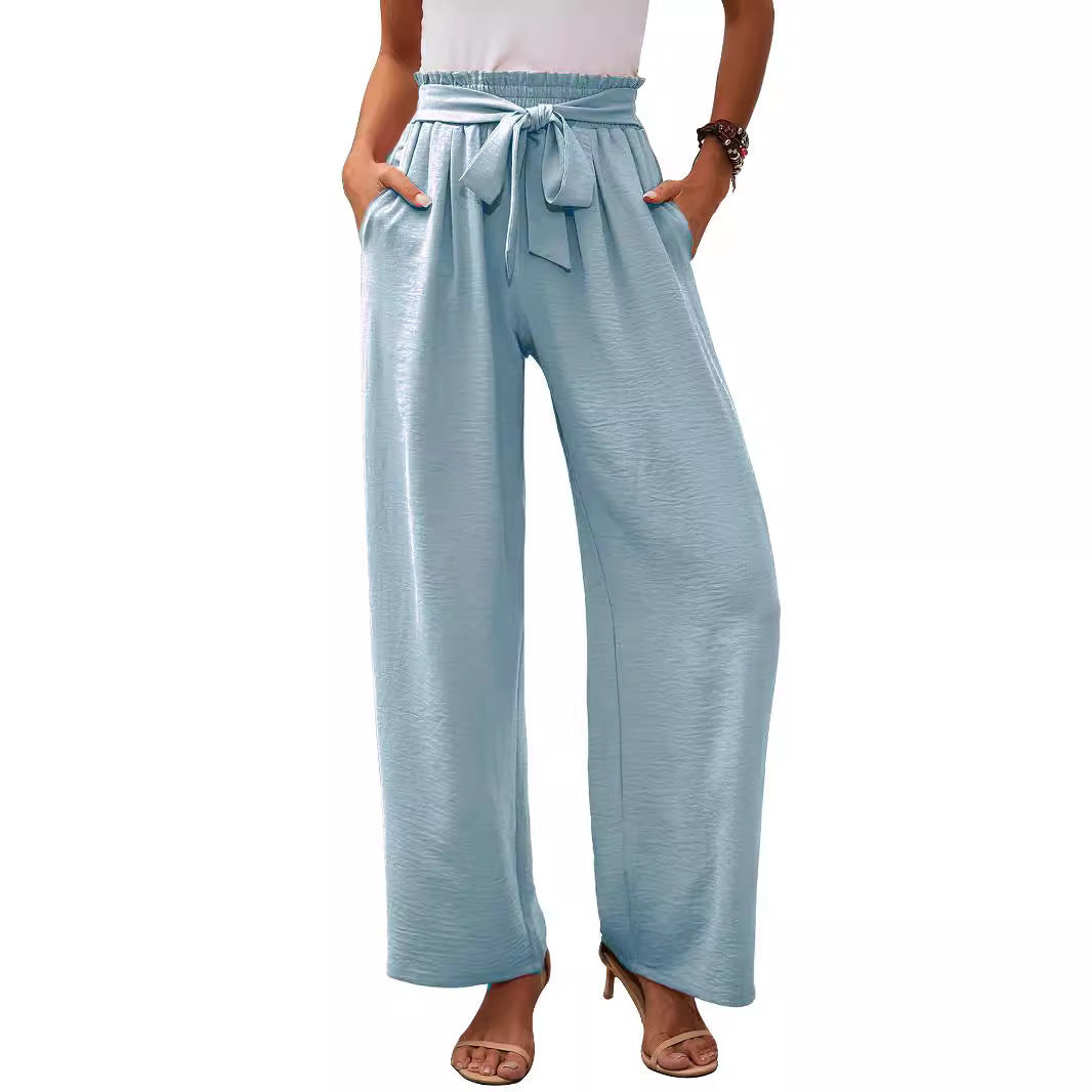 Wide palazzo pants for women with elastic waist and tie belt Lune London