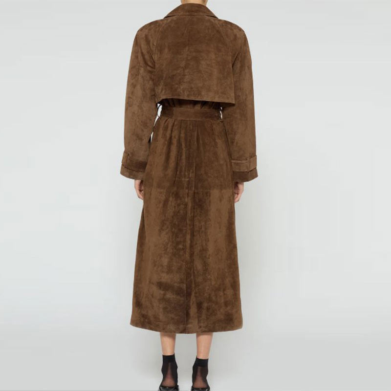 Elegant long suede coat for women with removable collar and practical pockets Lune London
