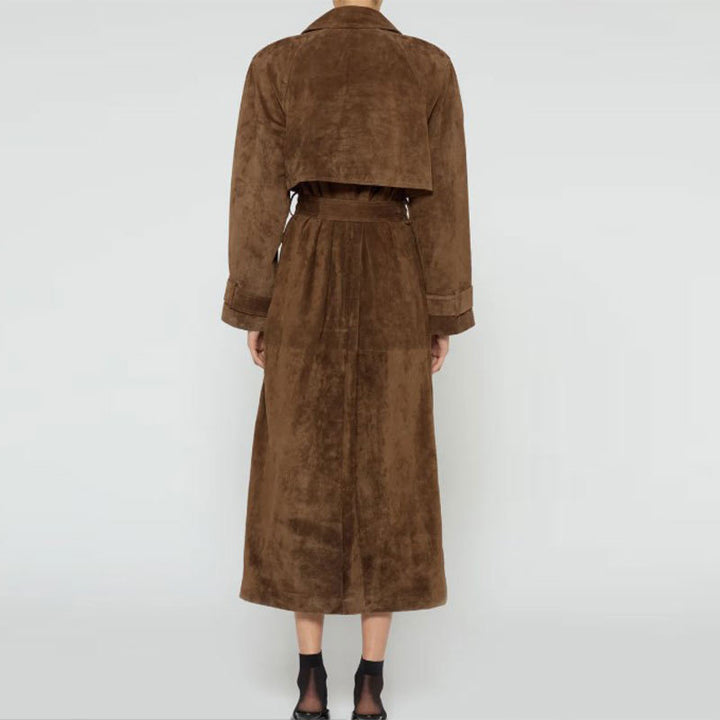 Elegant long suede coat for women with removable collar and practical pockets Lune London