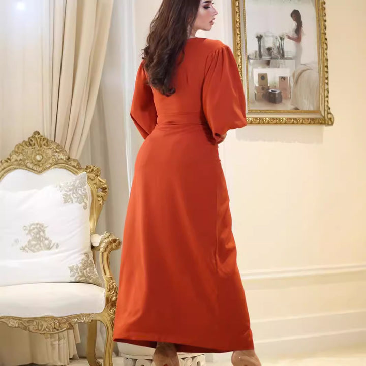 Ladies Elegant Maxi Dress with Voluminous Sleeves and Chic Fitted Draping Style
