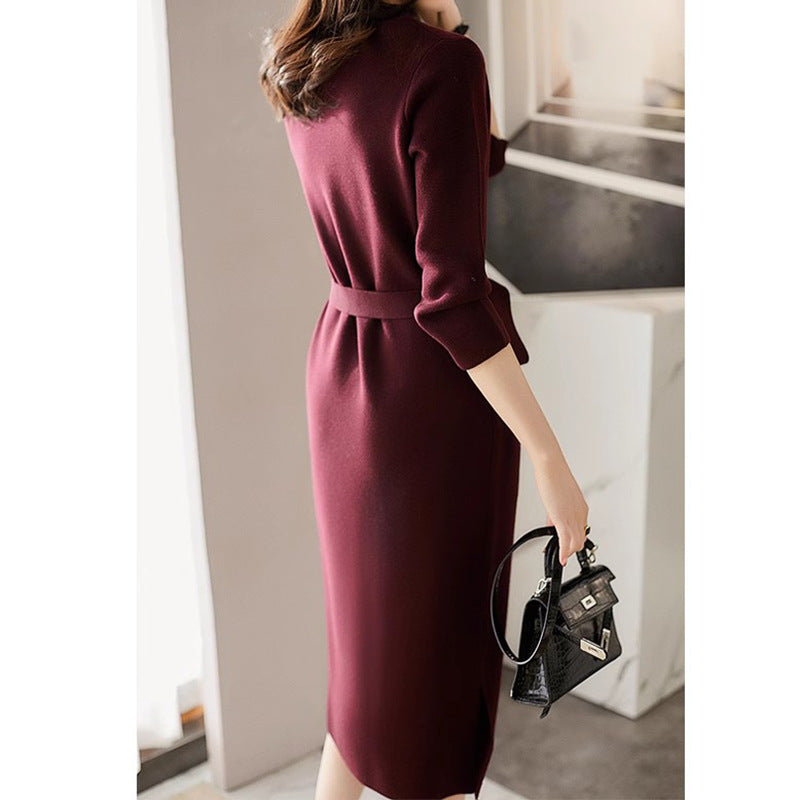 Elegant knitted midi dress for women with belted waist Lune London