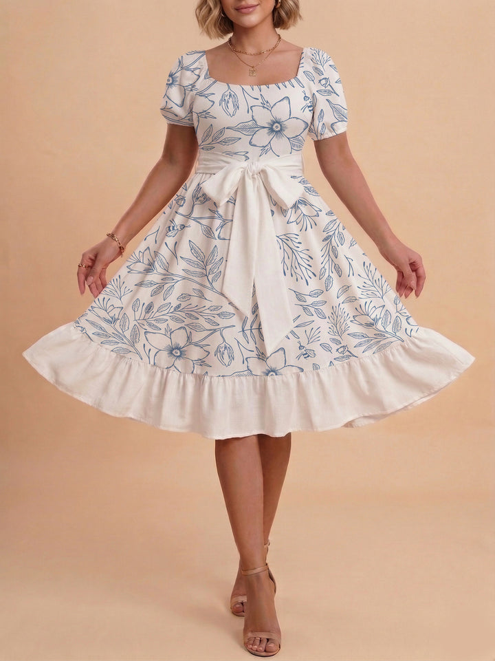 Women's Midi Dress with Elegant Floral Print and Fitted Belt Lune London