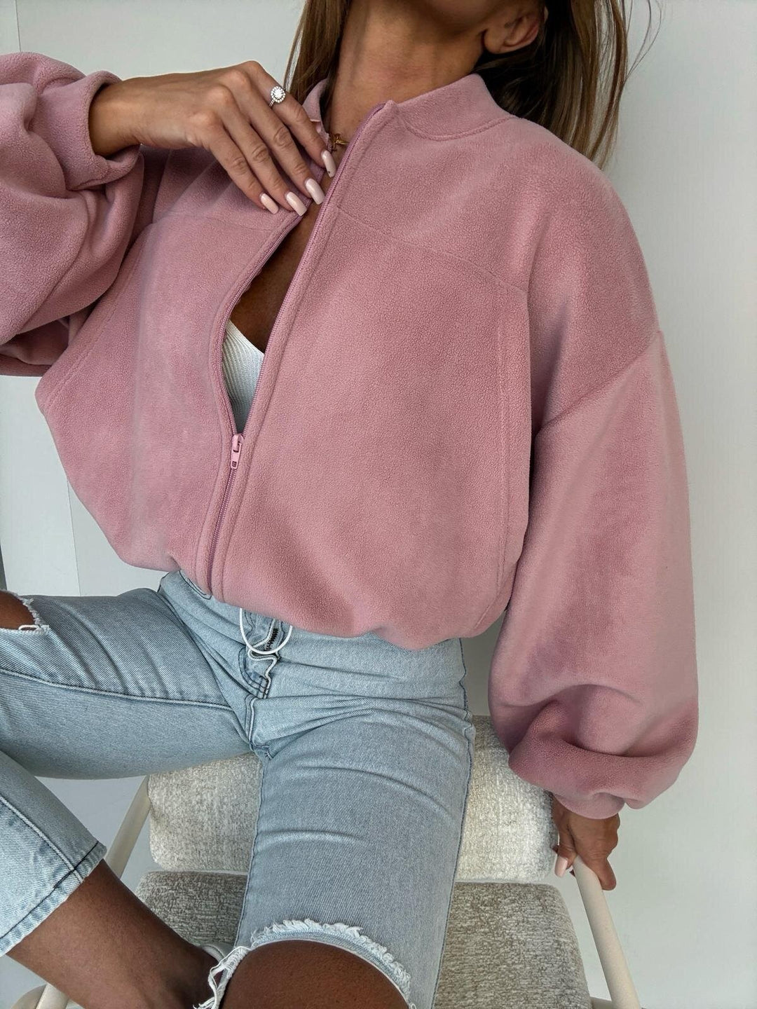 Women's Stylish Fleece Jacket with High Collar and Zipper Chic & Stil