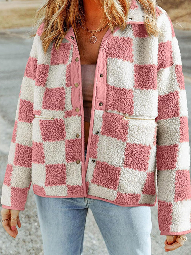 Ladies Cozy Wool Jacket with Modern Square Patterns Lune London