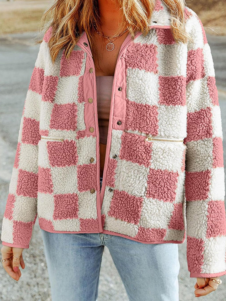 Ladies Cozy Wool Jacket with Modern Square Patterns Lune London