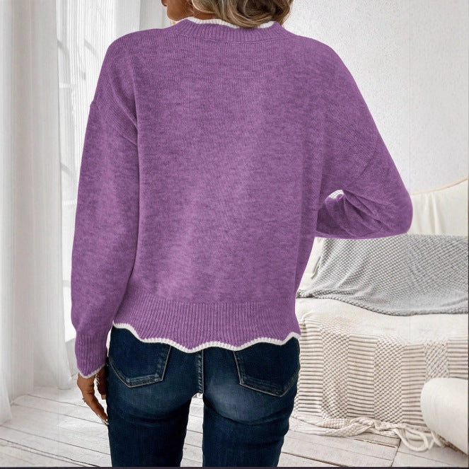 Pull décontracté pour femmes à col en V avec ourlet festonné Chic & Stil