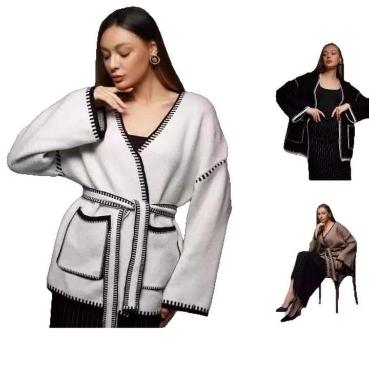 Femmes pull élégant enroulé avec poches et ceinture Chic & Stil