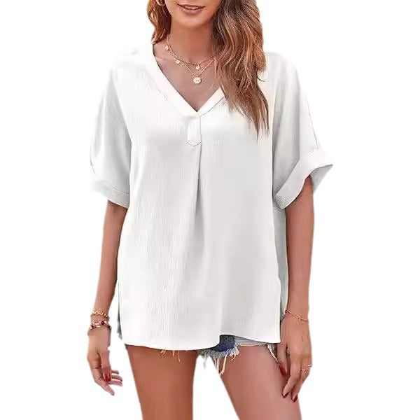Ladies Light V-neck Top with Roll-up Sleeves Lune London