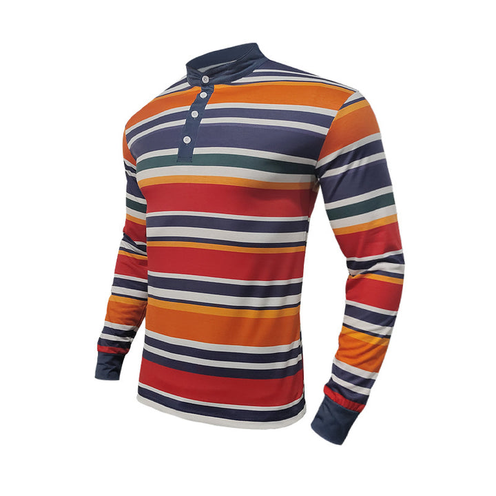 Men's Long Sleeve Henley T-shirt with Fine Striped Pattern and Modern Collar Lune London