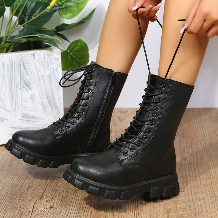Women's Lace-Up Boots with Sturdy Platform and Side Zipper Lune London