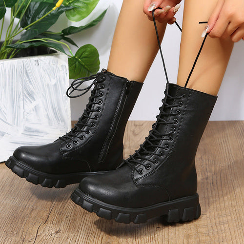 Women's Lace-Up Boots with Sturdy Platform and Side Zipper Lune London