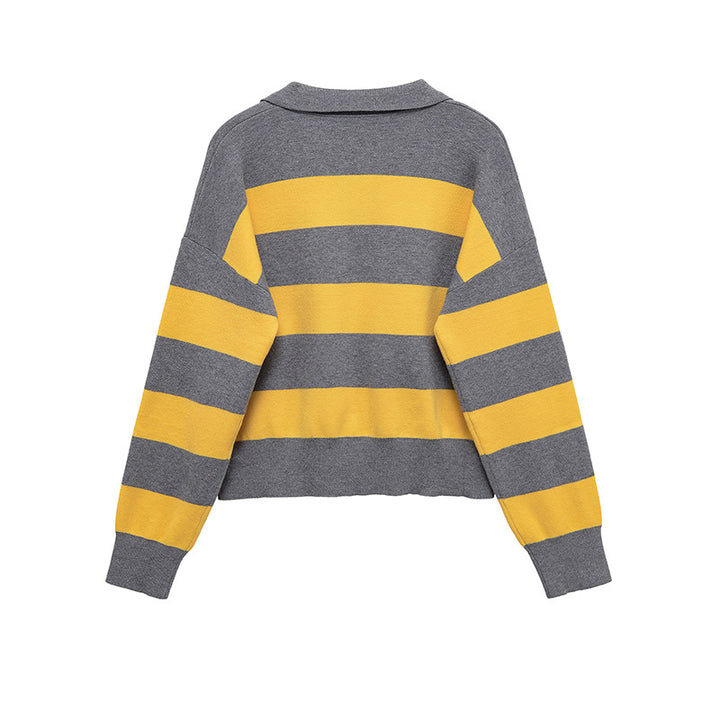 Casual knitted sweater for women with stylish stripes and a polo collar Lune London