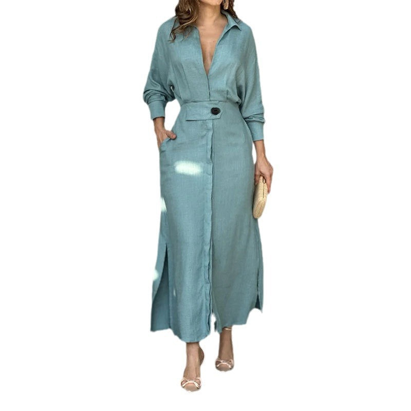 Maxi dress for women with elegant V-neckline and side slit Lune London