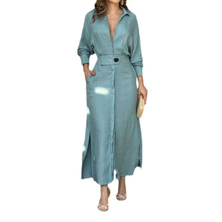 Maxi dress for women with elegant V-neckline and side slit Lune London