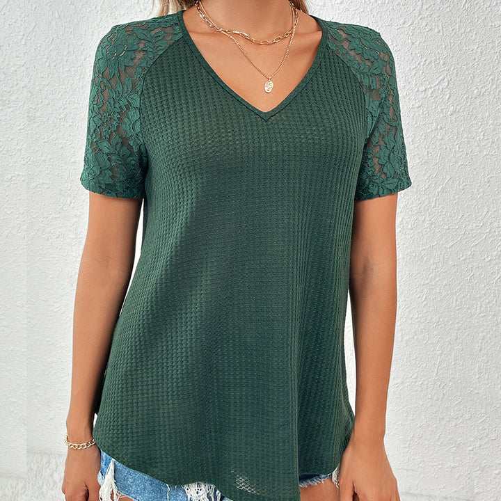Ladies elegant V-neck top with lace sleeves and textured pattern Lune London