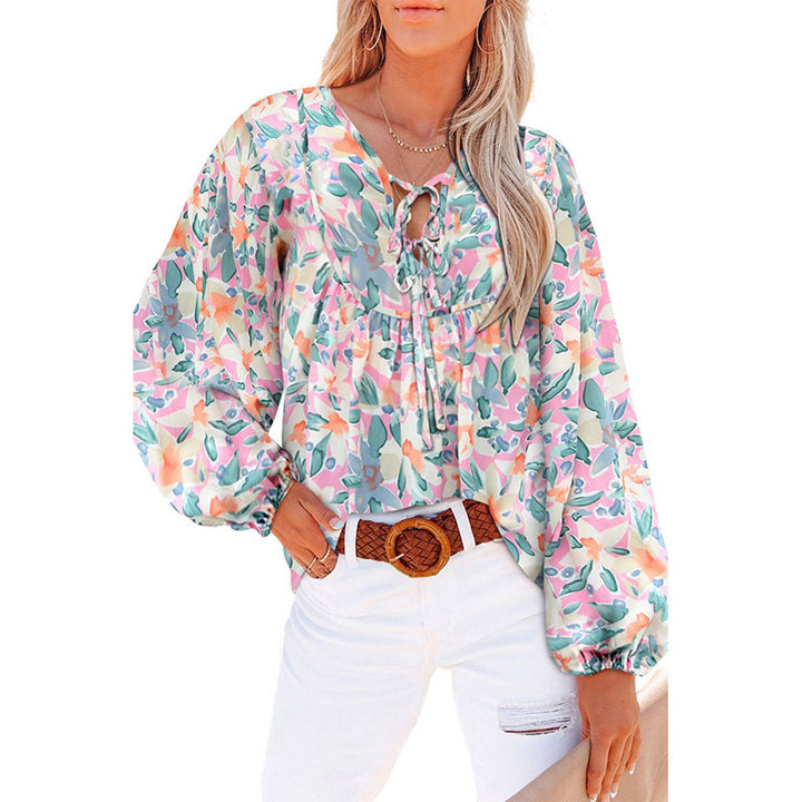 Chic and Stylish Casual Women’s Blouse with Floral Print and Ruffled Sleeves