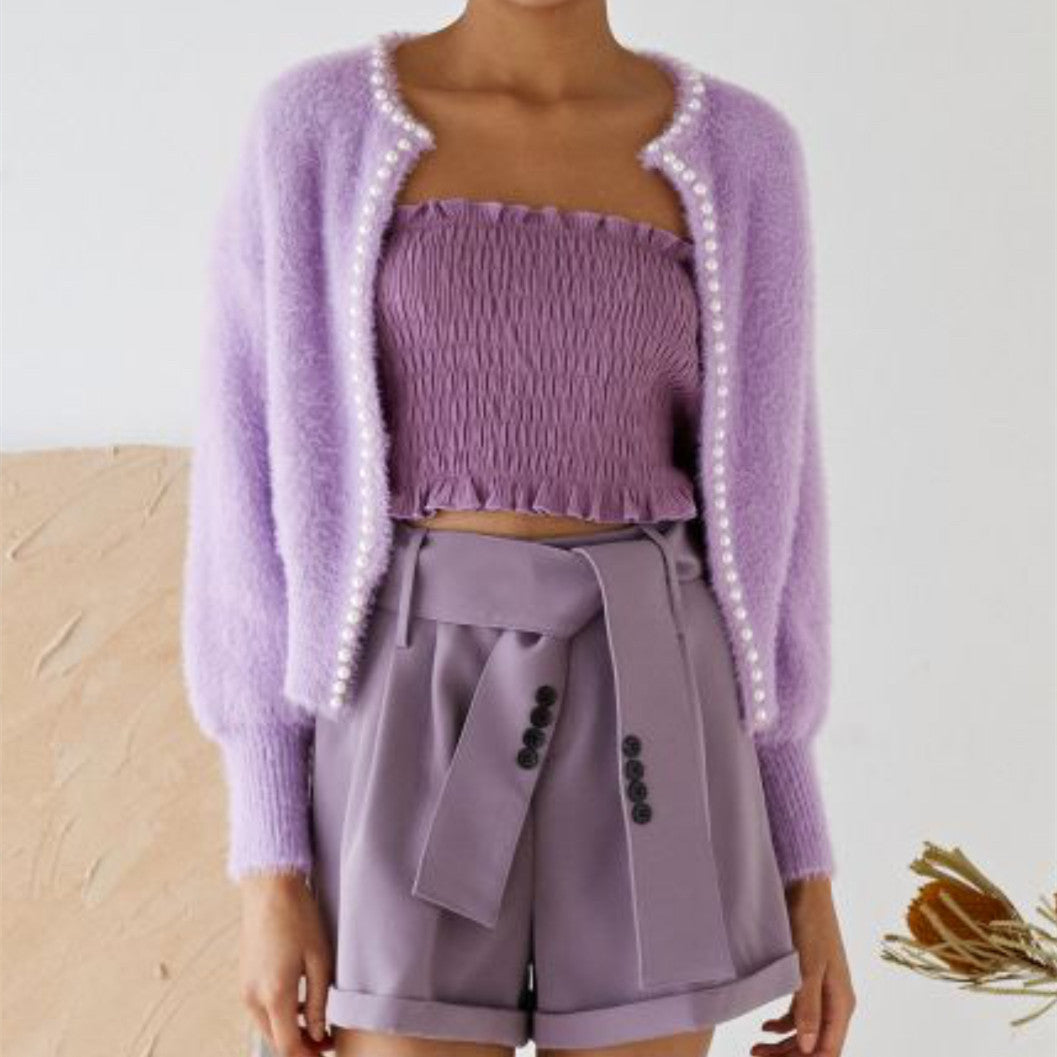 Ladies plush cardigan with pearl button and casual fit Lune London