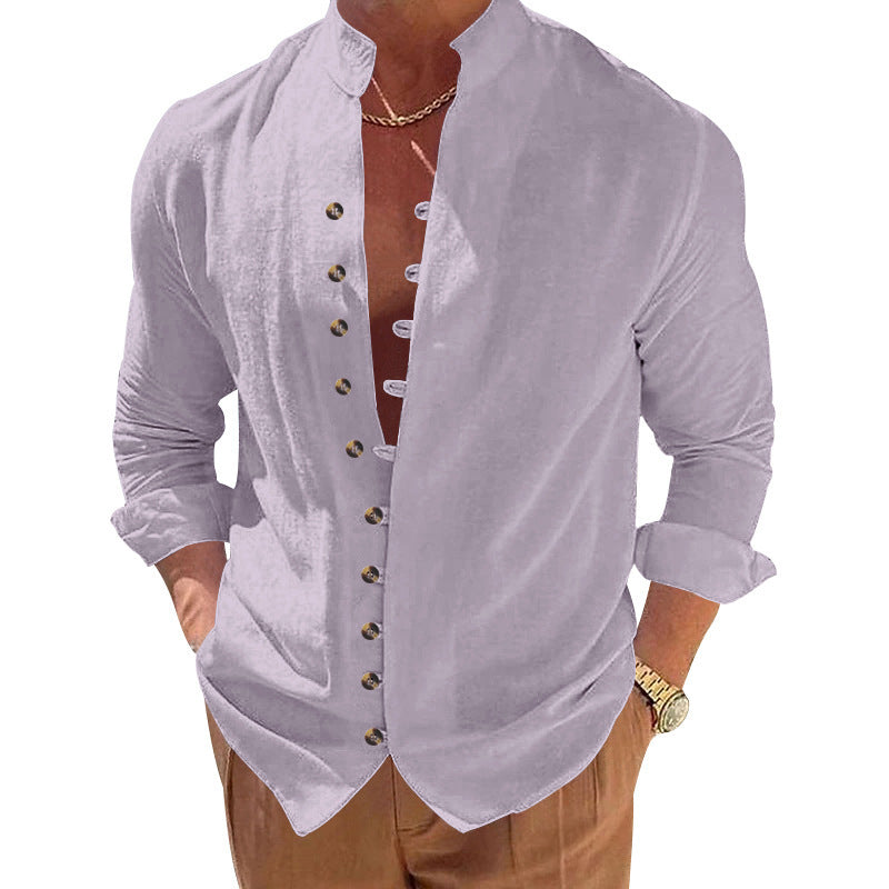 Fashionable long-sleeve shirt for men with a modern button design and a chic stand-up collar